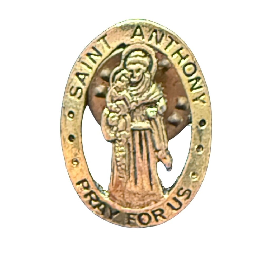 Saint Anthony Pray For Us Gold Tone Lapel Pin Religious Medal C.A.D.C.